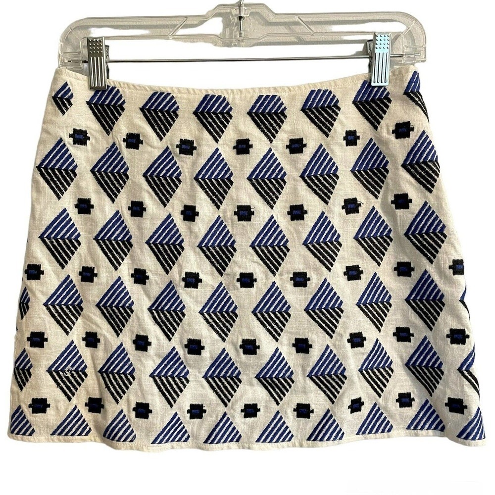 THML Size Small Embroidered Mini Skirt White Blue Straight Pencil Lined …